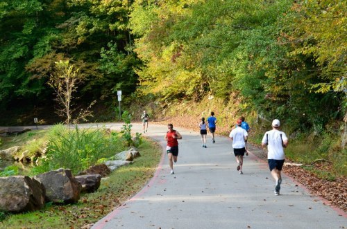 A group of runners jogs along a scenic path surrounded by trees and rocks in a park.