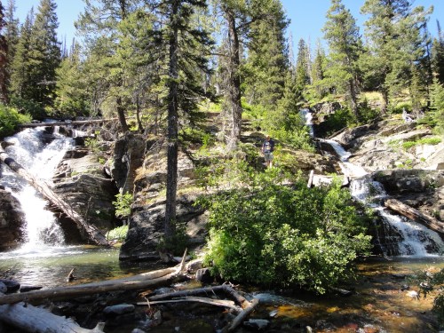 A serene landscape featuring cascading waterfalls surrounded by lush greenery and tall trees under a clear blue sky.
