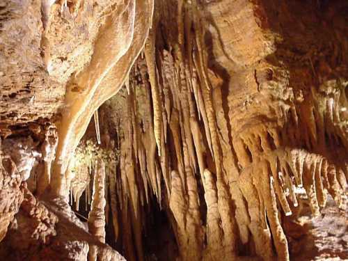 Stalactites and stalagmites in a dimly lit cave, showcasing intricate rock formations and textures.