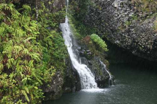 A serene waterfall cascading into a tranquil pool, surrounded by lush green foliage and rocky cliffs.