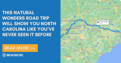 Map of North Carolina highlighting a scenic road trip route with text promoting natural wonders in the state.