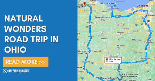 Map highlighting a natural wonders road trip route in Ohio, with key locations and travel time displayed.