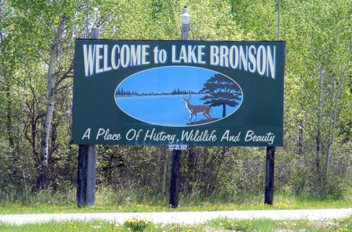 Welcome sign for Lake Bronson featuring a lake, trees, and a deer, highlighting its history, wildlife, and beauty.
