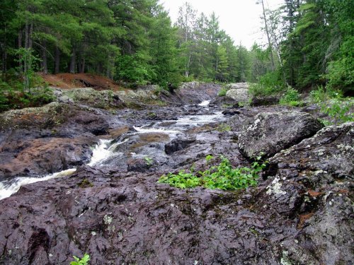 A rocky riverbed surrounded by lush green trees and flowing water, creating a serene natural landscape.