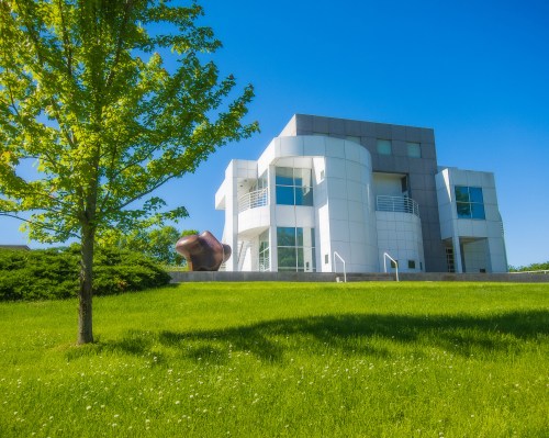 Modern building with large windows, surrounded by green grass and a tree, under a clear blue sky.