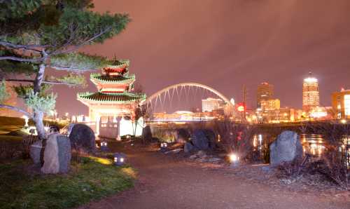 A serene night scene featuring a pagoda, river, and city skyline illuminated by lights.