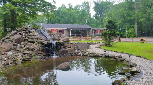 A serene landscape featuring a pond with a waterfall, surrounded by rocks and greenery, with a building in the background.