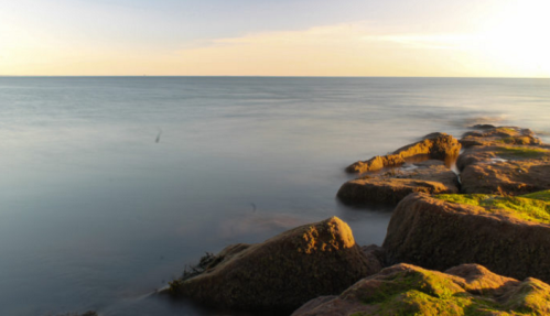 A serene coastal scene with smooth water, rocky shore, and soft sunlight illuminating the horizon.