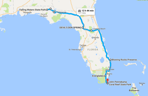 Map showing a route through Florida, highlighting Falling Waters State Park, Devil's Den Spring, and John Pennekamp Coral Reef State Park.