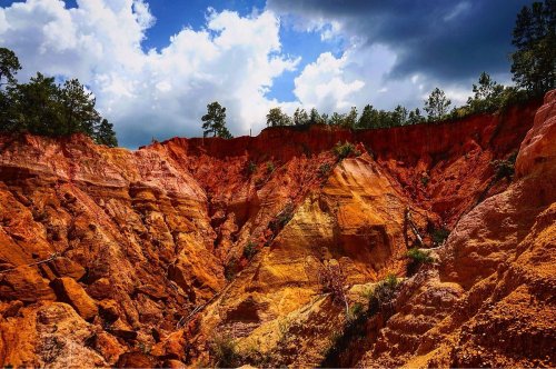 A vibrant canyon with orange and red rock formations under a dramatic sky with clouds and scattered trees.