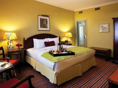 Cozy hotel room with a queen bed, yellow walls, decorative lamps, and a tray of refreshments on the bed.
