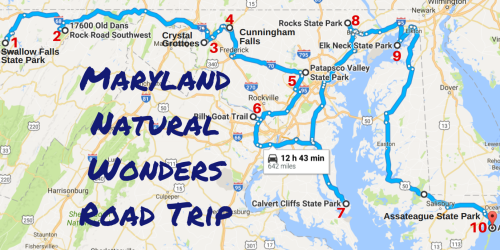 Map of a road trip through Maryland's natural wonders, highlighting various parks and attractions along the route.