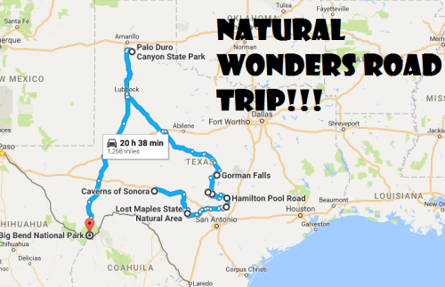 Map showing a road trip route through Texas, highlighting natural attractions like Big Bend and Palo Duro Canyon.