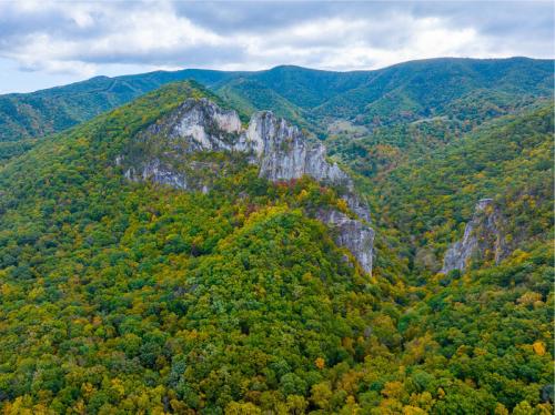 Aerial view of lush green mountains with rocky cliffs and colorful autumn foliage under a cloudy sky.