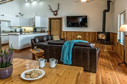 Cozy living room with a leather sofa, wooden accents, a fireplace, and a table with cookies and mugs.