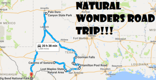 Map showing a road trip route through Texas, highlighting natural wonders like Palo Duro Canyon and Big Bend National Park.