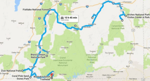 Map showing a route through several national parks in Utah, including Zion, Bryce Canyon, and Arches, totaling 10 hours and 45 minutes.