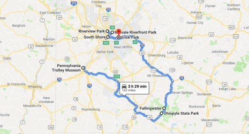 Map showing a route from Fallingwater to Ohiopyle State Park, including Riverview Park and the Pennsylvania Trolley Museum.