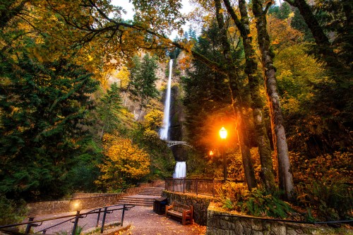 A serene waterfall cascades through autumn foliage, surrounded by trees and a pathway with benches and a lamp.