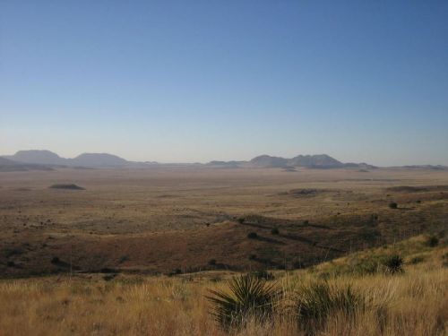 A vast, open landscape with rolling hills and mountains under a clear blue sky, featuring dry grass and sparse vegetation.
