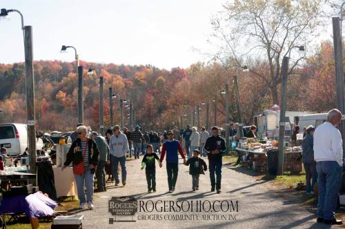 A bustling outdoor market with people walking among stalls, surrounded by autumn foliage in the background.