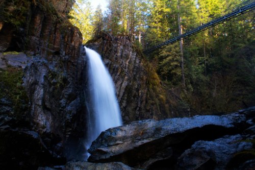 A waterfall cascades down rocky cliffs, surrounded by lush green trees and a bridge in the background.