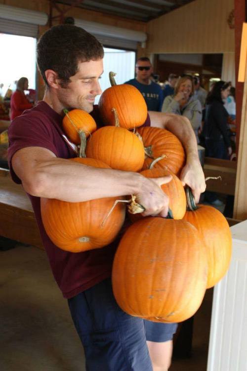 A man carries a stack of pumpkins in a busy market, with people in the background enjoying the festive atmosphere.