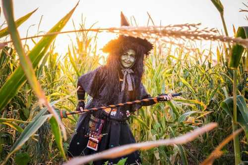 A witch in a cornfield at sunset, wearing a hat and holding a staff, surrounded by tall corn plants.