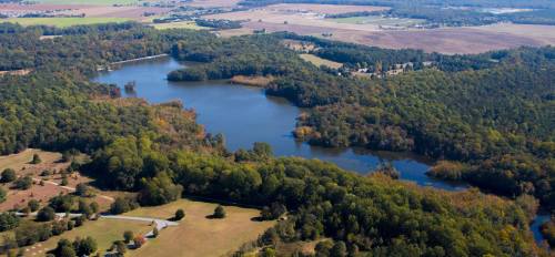 Aerial view of a serene lake surrounded by lush greenery and fields under a clear blue sky.