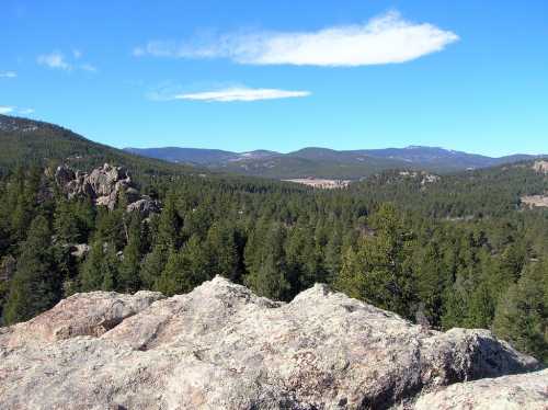 A scenic view of mountains and dense forests under a clear blue sky, with rocky foreground and distant peaks.