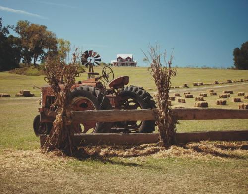 A vintage tractor by a wooden fence, with hay bales in a field and a farmhouse in the background under a clear blue sky.