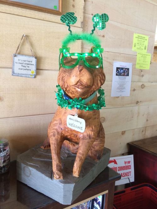 A wooden dog statue wearing green glasses, a festive headband, and a necklace, welcoming visitors with a sign.