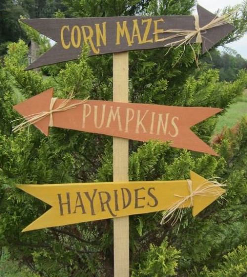 Wooden signpost with arrows pointing to "Corn Maze," "Pumpkins," and "Hayrides," surrounded by greenery.