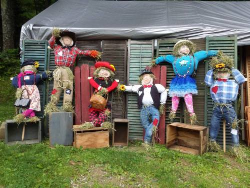 A colorful display of six scarecrows dressed in various outfits, standing against a wooden backdrop with hay accents.