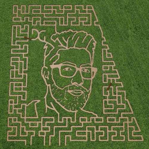 Aerial view of a maze shaped like a man's face with glasses, set in a green field.