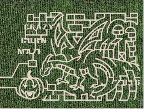 A decorative maze design featuring a dragon, pumpkin, and the words "Crazy Corn Maze" on a green background.