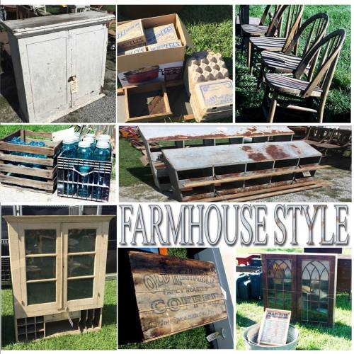 A collage of vintage farmhouse-style items, including furniture, crates, and decor, with the text "FARMHOUSE STYLE" prominently displayed.