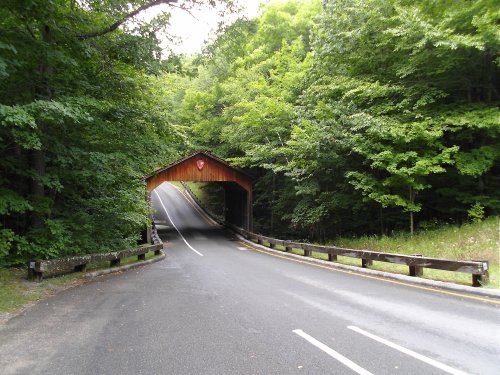 A scenic view of a covered bridge over a road, surrounded by lush green trees.
