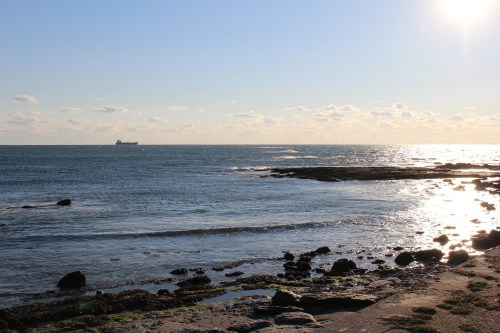 A serene seascape with gentle waves, rocky shore, and a distant ship under a bright sky.