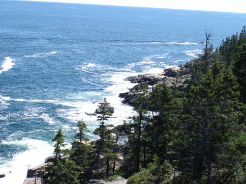 Coastal view with rocky shoreline, waves crashing, and lush green trees under a clear blue sky.