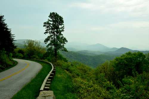 A winding road curves through lush green hills, with misty mountains in the background under a cloudy sky.