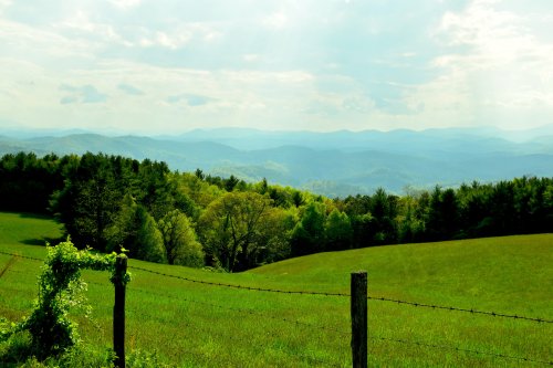 A lush green landscape with rolling hills and a cloudy sky, featuring a wooden fence in the foreground.