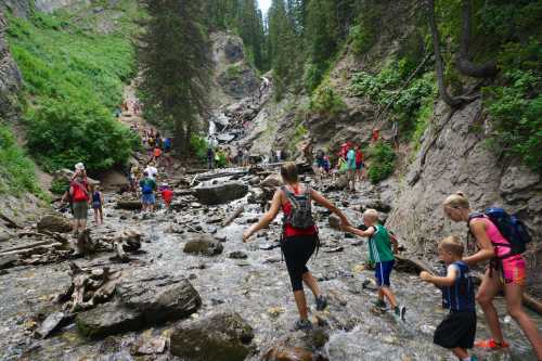 A group of people, including children, walking through a rocky stream in a lush, green canyon.