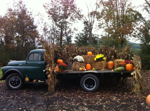 A vintage truck decorated with pumpkins, hay bales, and autumn flowers, set in a fall landscape.
