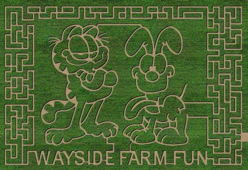 A grassy maze design featuring cartoon characters, a cat and a dog, with the text "Wayside Farm Fun" below.