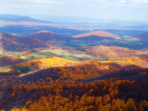 A panoramic view of rolling hills covered in vibrant autumn foliage, with valleys stretching into the distance.