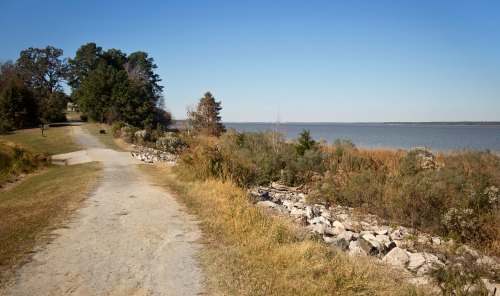 A gravel path alongside a calm river, bordered by trees and shrubs under a clear blue sky.