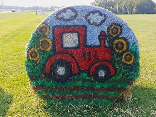 A painted hay bale featuring a red tractor and sunflowers against a green background, set in a grassy field.