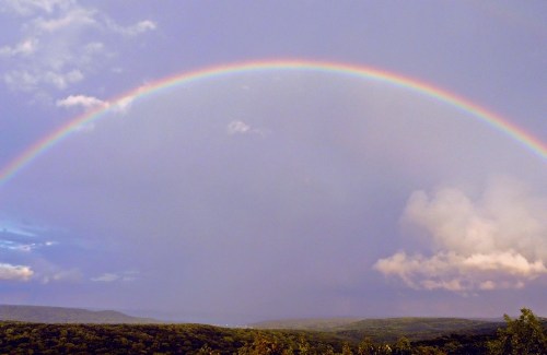A vibrant rainbow arcs over a lush green landscape under a cloudy sky.
