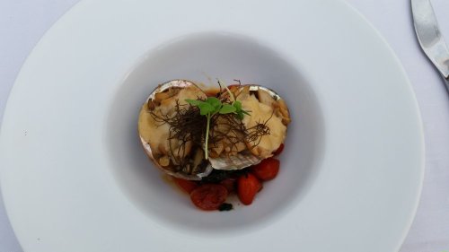 A gourmet dish featuring two scallops topped with sauce, garnished with herbs, and served on a white plate with cherry tomatoes.